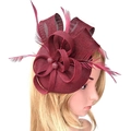 Elegant wine red fascinator hat with feathers and sisal mesh bow for party wear - Burgundy