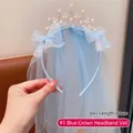 Lichtblauwe prinsessenkroon hoofdband met 40 cm net-gesluier en glitterstrikje - Model 1# / Sluier Lengte 40cm / Blauwe Kroon Hoofdband Sluier