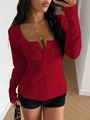 Slim fit red square neck cable knit sweater for women with long sleeves and button detail - S / Red
