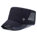Men's navy blue flat top sun hat with breathable mesh and fashion metal badge - Adjustable / Navy Blue