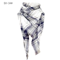 Blue and white plaid cashmere-like scarf with fringe tassels in flat fold, model SX-34# - Blue White Plaid