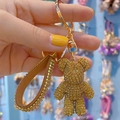 Luxury gold bear keychain with full crystal rhinestones and diamond leather strap - Gold