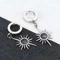 Titanium steel hoop earrings with silver sunburst pendant and black enamel center - Sun Flower - Steel