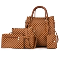 Vintage monogram 4-piece handbag set featuring tote, crossbody bag, clutch, and card holder - Tan