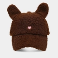 Detailed view of dark brown teddy fleece baseball cap with cute ears and pink heart embroidery - Adjustable / Dark Brown