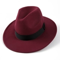 Detailed close-up of wine red wool fedora hat with black grosgrain ribbon band - M (56-58cm) / Burgundy