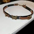 Detail of vintage leather choker with metal butterfly pendant and adjustable buckle closure - Black Red-Brown Butterfly Style