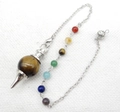 Tiger eye stone pendulum pendant with seven chakra beads and silver metal cone design - Tiger Eye Stone Bracelet