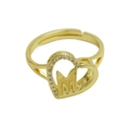 Adjustable golden open ring featuring a hollow heart frame with letter M and gemstone - Adjustable Open / Letter M