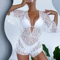Three-piece white mesh lace bikini set with long sleeve cover-up and drawstring waist - S / Solid White Lace Crochet 3-Piece Set / White