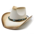 Western straw cowboy hat with turquoise beaded band and brown gradient brim edges - M(56-58cm) / Cream Coffee Gradient