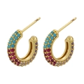 Fashion C-shaped gold-plated brass hoop earrings featuring four rows of colorful zircons - 1 Pair / Gold with Multicolor Zircon