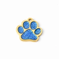 Blue glitter paw print pet ID tag with a polished gold stainless steel frame - Blue
