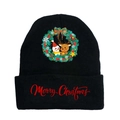 Detail of a black knit winter beanie with red Merry Christmas print and festive icons - Black-Style D