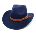 Detailed view of the dark blue wool fedora featuring a brown suede band and metal buckle - Navy Blue