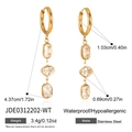 Detail view of gold stainless steel hoop earrings with three dangling cubic zirconia gems - Clear Rectangle Zirconia Hoop Earrings (JDE0312202-WT)