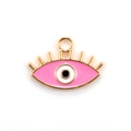 Detail of pink evil eye pendant with enamel eye pattern and gold-plated alloy finish - 10pcs Pink Eyelash Evil Eye Alloy Pendants