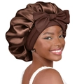 Brown satin sleep bonnet for hair care with a large decorative bow for curly hair - Large / Coffee
