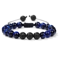 Adjustable woven bracelet with blue tiger eye beads and black lava stone accents - Blue Tiger Eye + 3 Volcanic Beads