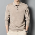 Men's knitted long sleeve polo sweater in beige with a classic three-button collar - M / Beige Camel