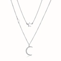 Double-layered S925 silver necklace with sparkling zircon moon and star pendants - 925 Silver / Silver