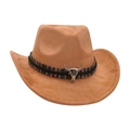 Klassischer kamelfarbener Western-Cowboyhut mit buntem Ethno-Band und silbernem Stierkopf - Khaki