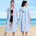 Blue and white paisley microfiber hooded beach poncho towel for adults on a sunny beach - Sleeveless Zipper Style - Paisley