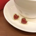 Minimalist gold-edged deep red heart stud earrings with vintage luxury aesthetic - Heart Shape Dark Red Enamel Gold Trim