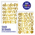 Macro detail of 30 sheets gold metallic 1-inch alphabet and number stickers set - 1 Inch Gold Cartoon Font 30 Sheets
