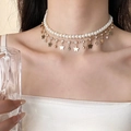 Double-layered pearl necklace with golden butterfly pendant and fine crystal details - Double Layer Pearl Butterfly Pendant Necklace (DX0241B) / Gold White