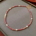 Detail of pink coral beads and white baroque pearls on a gold clasp necklace - 25# Necklace-Gold-Pink-White
