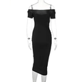Rear view detail of a black off-shoulder ribbed slim fit maxi dress for women - S / Black