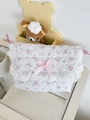 Close-up of quilted floral crossbody bag with white lace edges and a pink silk bow - Pink Rose Sweetheart Style (SNB-0051)