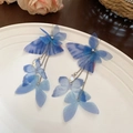 Detail of blue gradient mesh butterfly earrings with crystal tassels on a ceramic plate - Tulle Butterfly Glass Waterdrop Tassel Hook Earrings