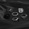 Vintage-Ring-Set für Herren in Schwarz und Silber mit Totenkopf und Punk-Motiven - Silber