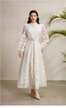 Close-up of white lace dress with stand collar, puff sleeves and pearl button details - 2XL / Top And Bottom / Apricot