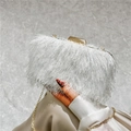 Détail de la pochette en fourrure blanche avec fermoir doré et bandoulière en chaîne - Blanc