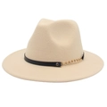 Khaki fedora hat with black leather band and gold chain detail for a stylish minimalist look - M (56-58cm) / Beige