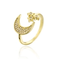 Macro detail of 18K gold plated moon and star open ring with sparkling zircon stones - Pave Three Stars Moon Style