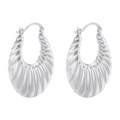 Macro detail of silver-plated C-shaped textured hoop earrings with a polished finish - VE983 White Gold Oval Spiral