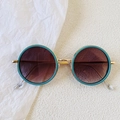 Retro round kids sunglasses in teal matte frame with golden metal bridge and brown lenses - Blue