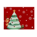 Detailed view of red Christmas table mat featuring reindeer, tree and penguin illustration - CD27-9 (Red Penguin Reindeer)