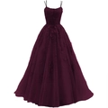 Elegant wine red spaghetti strap evening gown with intricate floral lace appliques - US size 2 / Top And Bottom / Grape Purple