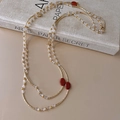 Gold plated beaded necklace with red brown tiger eye stone and small rose charms - Rose Shape Metal Style / 37# Gold-White