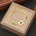 Double-layered gold stainless steel necklace with green emerald-cut pendant and white inlay - 2# Bracelet