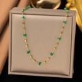 Gold-plated titanium steel necklace featuring emerald green faceted crystal beads - Square Bead Chain Necklace (H1062) / Gold