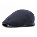 Retro dark blue linen flat cap for men and women with adjustable metal side buckle - Adjustable / Navy Blue