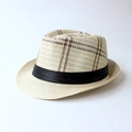 Classic beige woven straw fedora hat with brown plaid pattern and black ribbon band - M (56-58cm) / Striped Beige