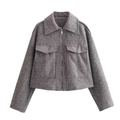 Detail of taupe tweed jacket featuring a lapel collar and a metal zipper closure - XS / Gray
