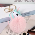 Cute unicorn PU leather keychain with a large pink faux fur pom pom and gold metal ring - 8cm Pink Unicorn / Matching -- Silver Figure-eight Lobster Buckle